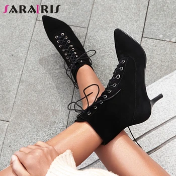 

SARAIRIS Brand New Design 2020 Large Size 31-43 Spike Heels Ankle Boots Woman Shoes Lace Up Office Lady Shoes Women Boots Female