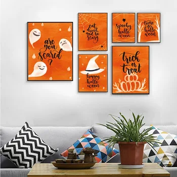 

Spray Color Orange Halloween Photo Black Letters Spider Web Pumpkins Canvas Painting Wall Pictures Poster Living Room Decoration