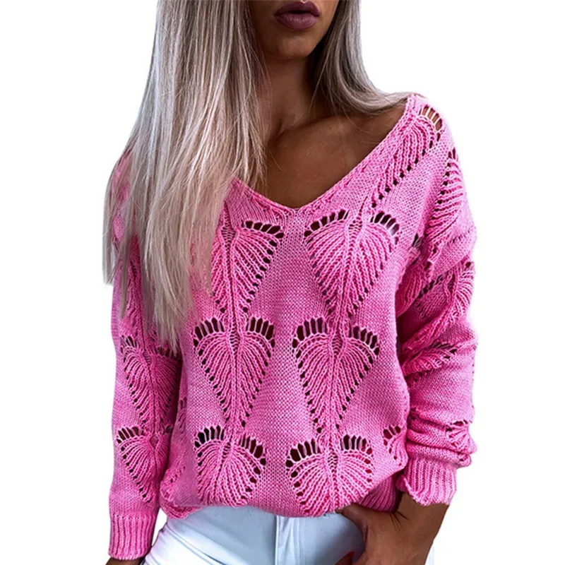 

Hollow Out Long Sleeve Sweater Women Casual Solid Color Loose Sweaters Autumn Winter Chothes