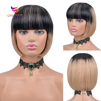 

Ombre Short Bob Human Hair Wigs For Black Women Brazilian Remy Straight Bob Wig With Bangs Human Hair Full Wigs