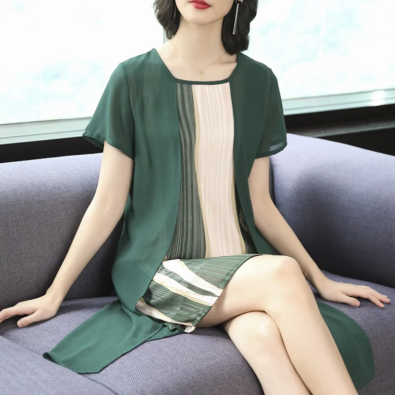 

2019 New Style Mom Chiffon Dress Middle-aged Summer Wear for Women Short Sleeve Middle-aged Elegant Western Style Mid-length Ski