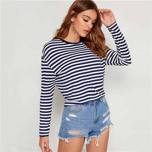 Navy Dotfashion Повседневное в полоску Футболка с принтом Для женщин осень заниженной линией плеч Colorblock(цветовой блок), Футболка женская военно-морской флот стретчевый Топ - Цвет: Navy