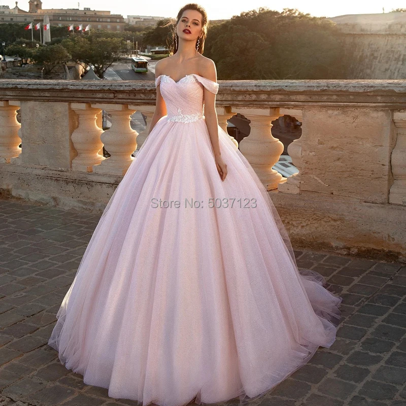Pink Off the Shoulder A line Princess Wedding Dresses Tulle Sweetheart ...