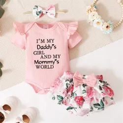 Vêtements à volants pour bébés filles, barboteuse à manches courtes + pantalon court, ensemble 3 pièces, body pour bébés filles 