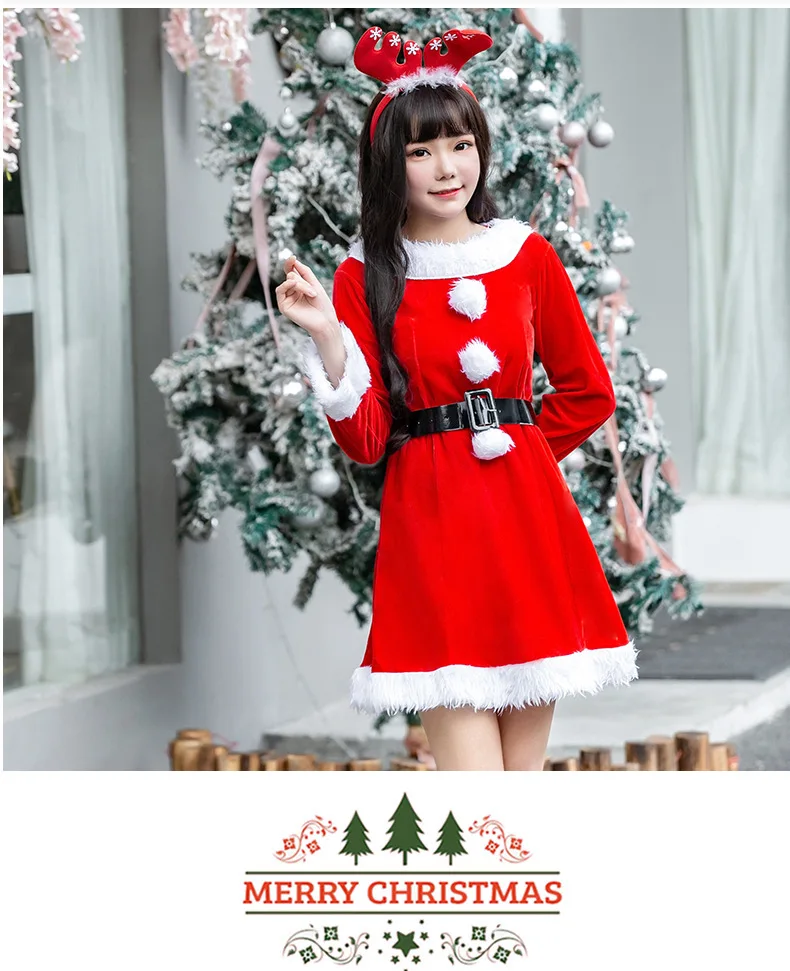 Санта Клаус женский Рождественский костюм красный бархат мини платье косплей Рождество праздничная одежда Вечерние платья