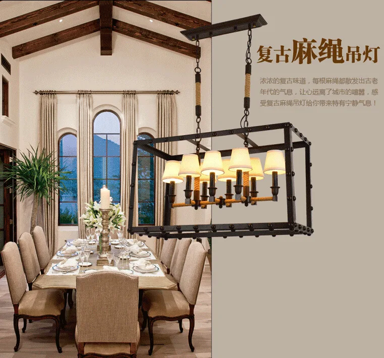 

Rusty Iron Retro Industrial Iron Box Pendant Light Dining 8 Head Rope Rust Colored Rectangle Pendant Light Hanging Lamp lampen
