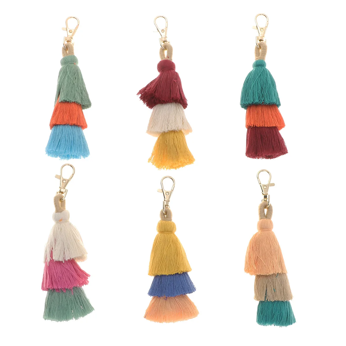 6Pcs Tassel Keychains Multilayer Colorful Charming Bohemia Style Hanging Pendant Keyring for Handbag Purse Wallet