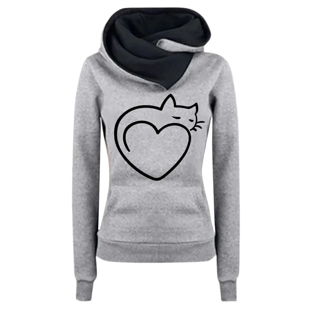 Свободный Женский Повседневный пуловер с длинным рукавом и рисунком кота, Рубашки, Топы, блузки, толстовки с карманами, толстовки# S - Цвет: Gray