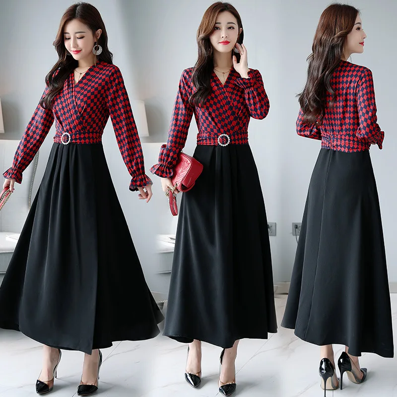 

2018 Autumn Clothing New Style Floral Printed Dress Waist Hugging Slimming Elegant Goddess-Style Mid-length Early Autumn Dress