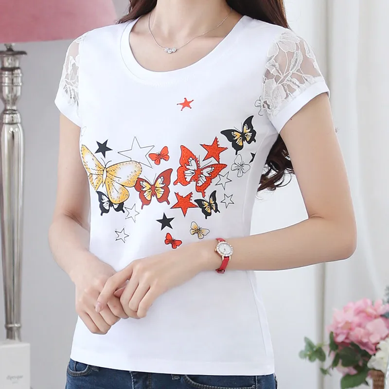 Camisetas Mujer 2021 летняя футболка для женщин с кружевом и стразами женские