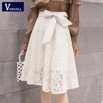 

Vangull Plus size Lace skirts womens Summer Flower cutout High waist A-line Knee-Length Big skirt Bow tie Sweet Feminine skirt