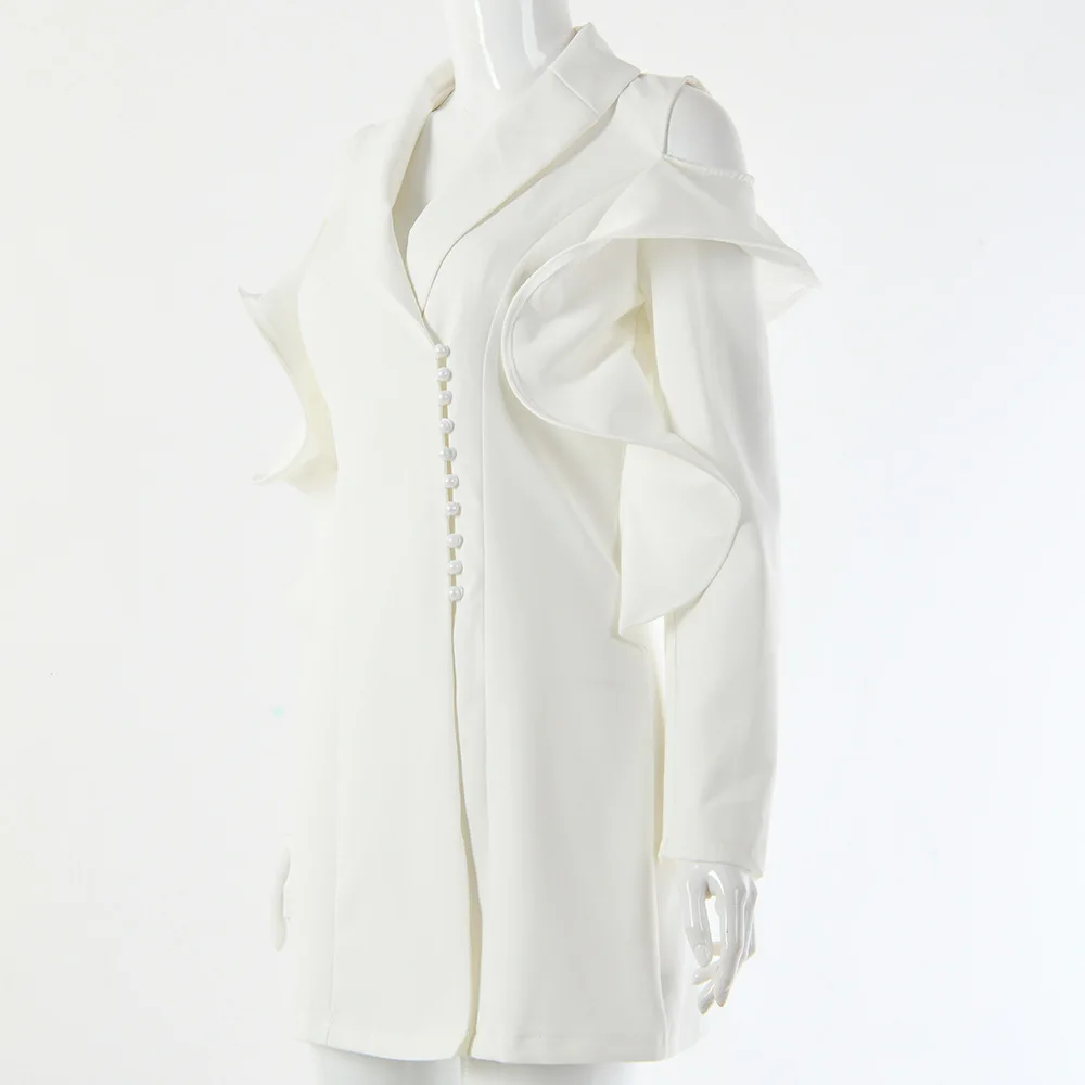 Женская пуговица с жемчугом Блейзер Осень Белый со складками, с открытыми плечами Длинный блейзер Модные женские офисное пальто Большие