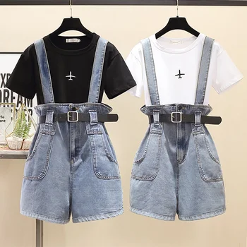 

2020 Casual Overall Set Women Summer Two Piece Set Fashion T Shirt And Demin Short Pant Jean Set Large Plus Big Cloth Outfit