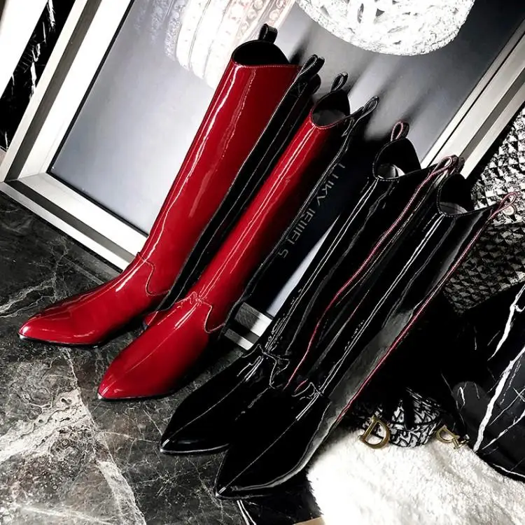 Buono Scarpe/женские высокие сапоги из лакированной кожи; брендовая Дизайнерская обувь на массивном каблуке; Разноцветные сапоги с острым носком; женская обувь; Большой размер 42