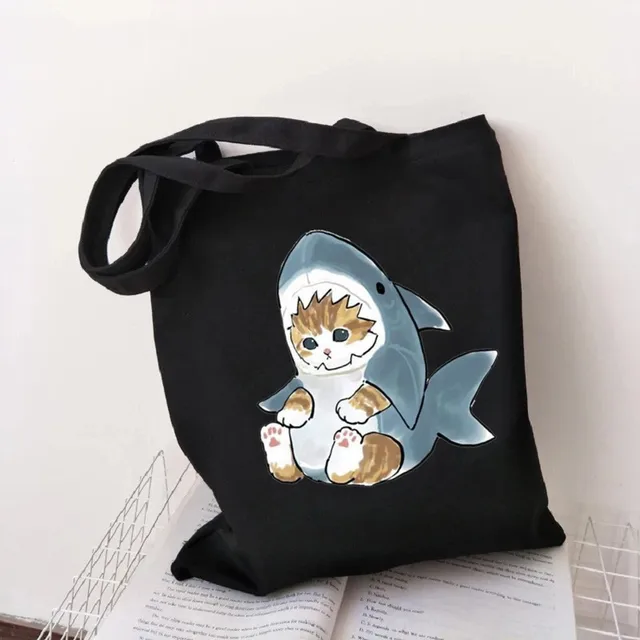 Cat Shark Shopping Bag Bolsa Compra Plegable Jute Bag Bolsa Shopper Bolso Shopping Handbag Bag Tote Reusable Net Ecobag Cabas T316E-Black