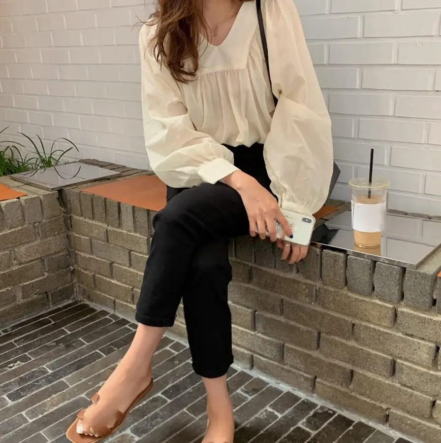 Корейская Blusas Mujer De Moda, винтажные элегантные рубашки, одноцветные женские топы, Осенние сексуальные Свободные повседневные блузы с длинным рукавом и v-образным вырезом