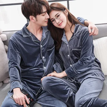 

Velvet Women And Men Nightwear Pajamas Suit Autumn Winter Sleep Set Gray Pajamas Thicken Homewear Sleepwear Soft Home Clothing