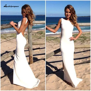 

Hot Simple Beach Wedding Dresses 2020 Crew Neck Full Length Backless Satin Seaside Brdial Gowns Free Shipping Custom Made
