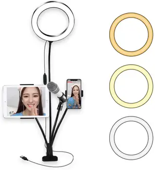 

4 in 1 LED Ring Light Holder 10 Levels Brightness Adjustment 360 Rotating Flexible Long Arms Mount on Desktop for Video Chat