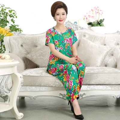 blazer and pants set Middle-aged and Elderly Women's Sets Spring Summer Short Sleeve T-shirt & Trousers 2 Pcs  Pants Suits Mom Elegant Home Service cute two piece sets Women's Sets