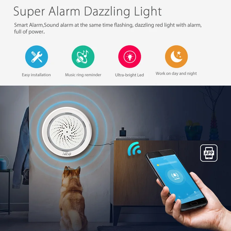 Wireless WiFi Siren Alarm Sensor For Home Smart Device Support Battery-Powered Can Be Charged with USB Cable TUYA Smart Life