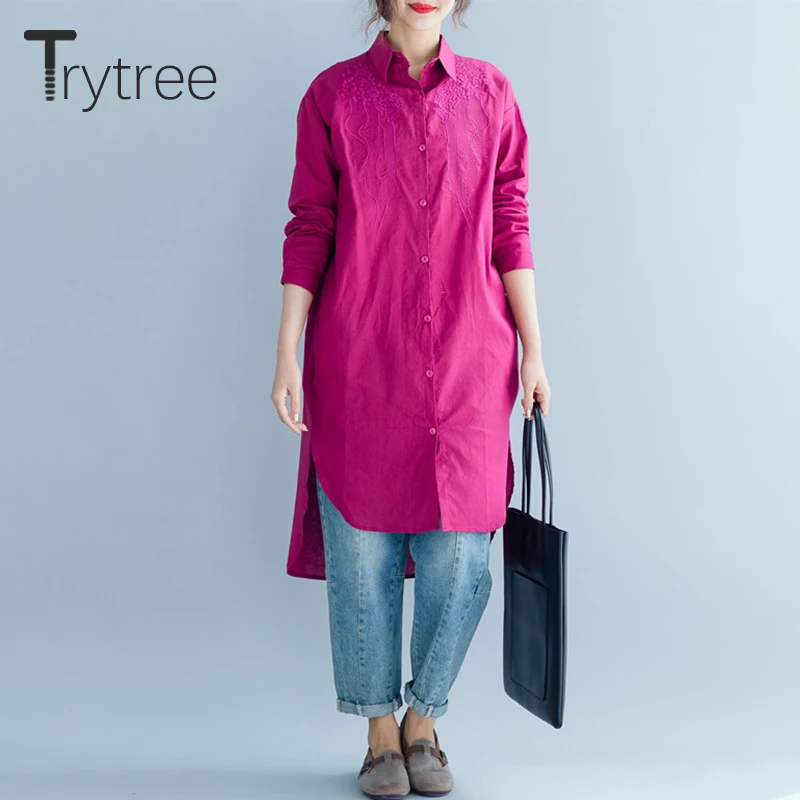 

Ttytree 2019 Autumn Blouses Women Casual Solid Turn-down Collar Cotton Linen Tops Single-breasted Button Office Lady Long Shirts