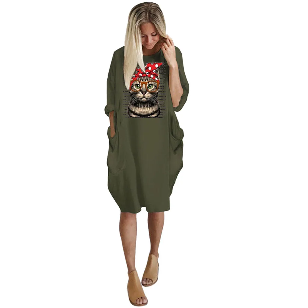 Cat Long Dress Women Plus Size 3XL O-Neck платье Summer Fashion HOT Long Sleeve Printed Short Mini Autumn A-Line Dress Wholesale