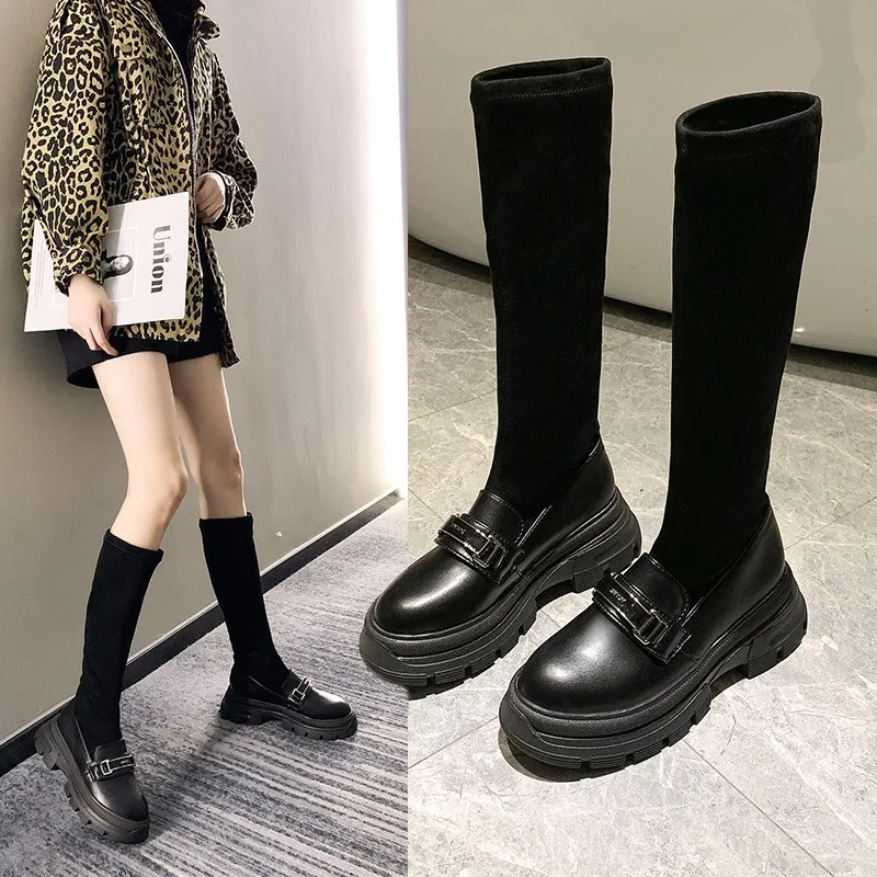 

2019 Winter New Style Thick Bottomed Knee-High Boots Women's Tennis Red Elasticity Thin Boots Hose plus Velvet Cotton Boots Blac