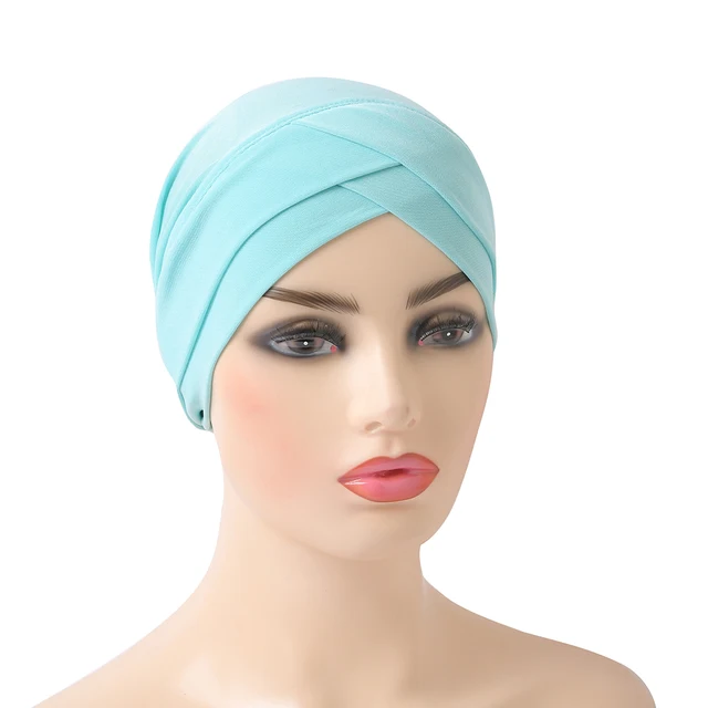 H117 High Quality Criss Cross Muslim Hijab Inner Hat Underscarf Pull On Islamic Scarf Turban Caps Full Headcover Women Headwrap mint green
