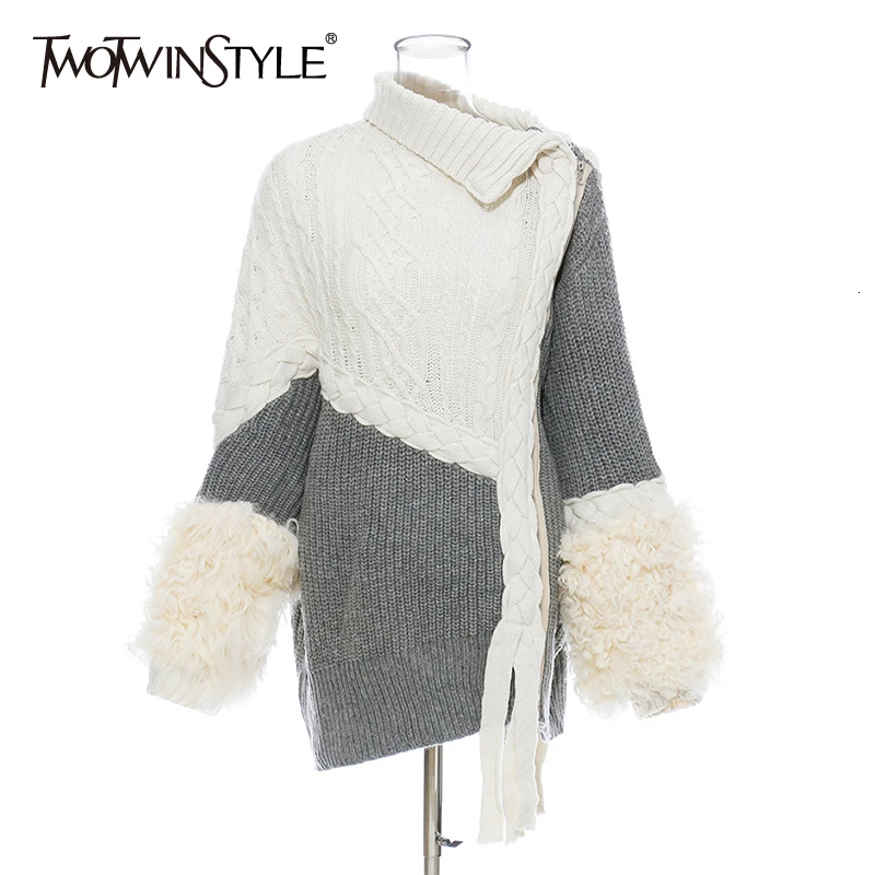 Best Price TWOTWINSTYLE Patchwork Wool Knitting Women's Sweater Irregular Collar Long Sleeve Cardigans Asymmetrical Female Sweaters Fashion