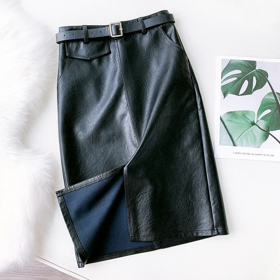 Autumn Black Faux Leather Midi Pencil Skirts with Belt Front Split Retro Slim Temperament Knee Length OL PU Leather Skirts