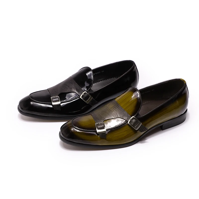 

Brand Patent Leather Mens Loafers Wedding Party Dress Shoes Black Green Monk Strap Casual Fashion Men Slip On Shoes