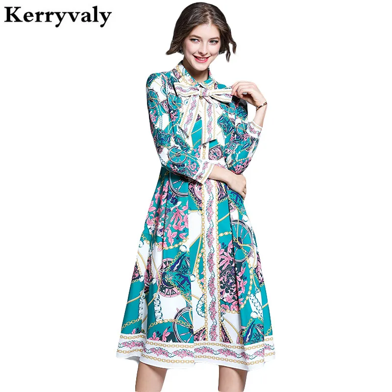 

New Fall Women Bow Printed Midi Retro Dress Zomerjurk Dames 2019 Robe Vintage Beach Party Runway Dress Vestidos De Festa K6842