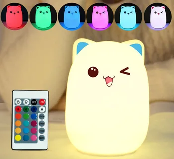 

Touch Sensor Colorful Cat LED Night Light Remote Control RGB Silicone USB Rechargeable Bedroom Bedside Lamp for Children Baby