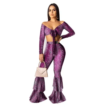 

Snake Print Sexy 2 Piece Set Club Outfit Women V Neck Long Sleeve Tie Bow Crop Top and High Waist Bell Bottom Pants Sweat Suits