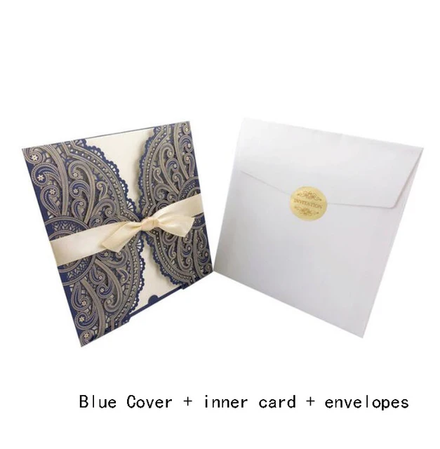 One Set Blue 10 шт. образец 4 цвета лазерная резка, для свадьбы Пригласительные открытки кружева элегантные поздравительные открытки с ленточным конвертом Свадебная вечеринка Decoratio - Цвет: One Set Blue