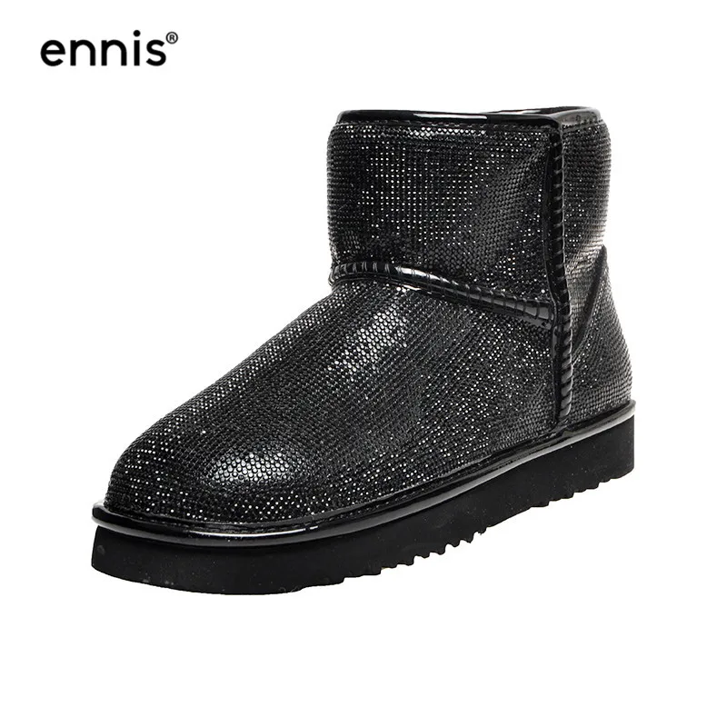 Black Fur Inside ENNIS/ г. Теплые зимние ботинки женские ботинки со стразами серебристого цвета меховые ботинки из овечьей шерсти модная черная обувь на плоской подошве с кристаллами новинка, A9297 - Цвет: Black Fur Inside