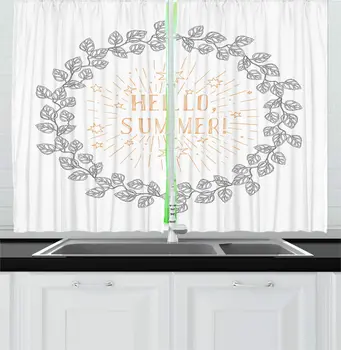 

Dark Peach Grey White Hello Summer Kitchen Curtains Warm Message Inside Round Leaf Frame Stars Botany Cycle Season Window Drape