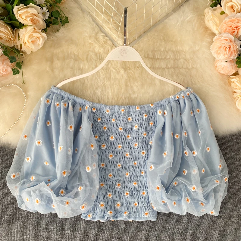 SINGRAIN Summer Daisies Blouse Women Embroidered Puff Sleeves Elastic