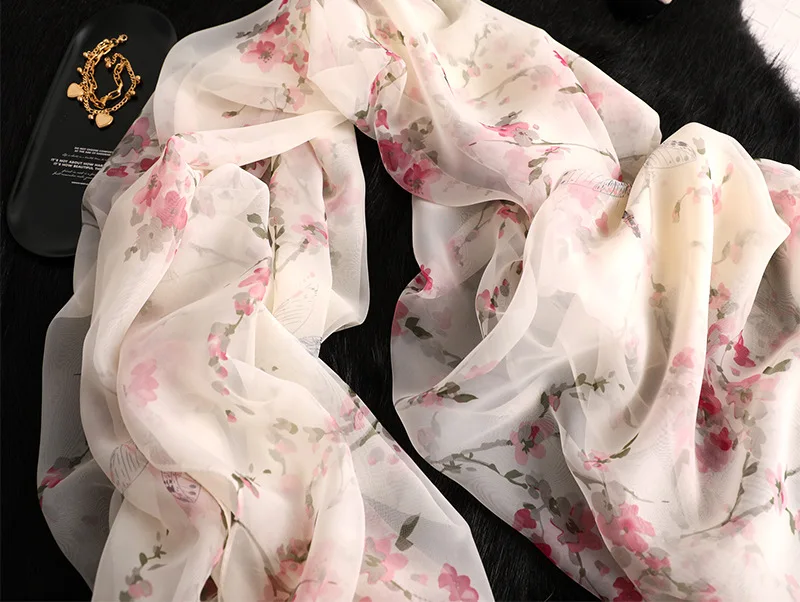 Женский элегантный шелковый шарф с цветочным принтом, длинный уплотненный шарф для женщин, защита от солнца, имитация шелка, шаль, мягкая пряжа, хиджаб, шарф