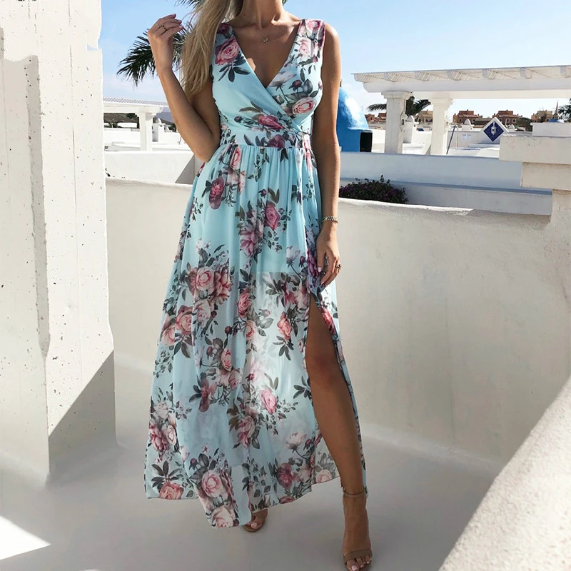 NEDEINS Women V Neck Split Dress Floral Print Long Summer Spaghetti Strap Party Pink Chiffon Elegant Casual Maxi Dresses Beach