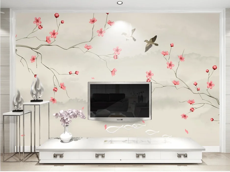 XUE SU Wall cloth custom large wallpaper peach blossom hand-painted brushwork flowers and birds new Chinese background wall xue su wallcovering custom wallpaper mural new chinese style hand painted plum blossom pen and bird illustration