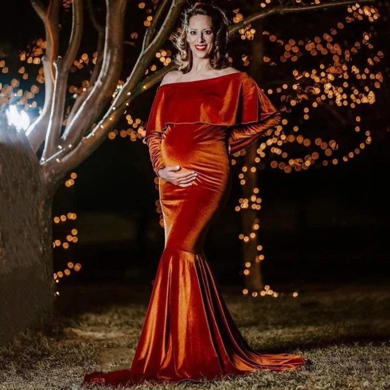 

Maternity Long Dress Photography Lurex Gold Velvet Ruffle Collar Fancy Pregnancy Photo Shoot Pregnant New Women Winter Maxi Gown