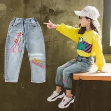 Джинсы для девочек; сезон весна-осень; Новинка года; стильная детская одежда в Корейском стиле; повседневные брюки для больших мальчиков; детские брюки с рисунком в западном стиле