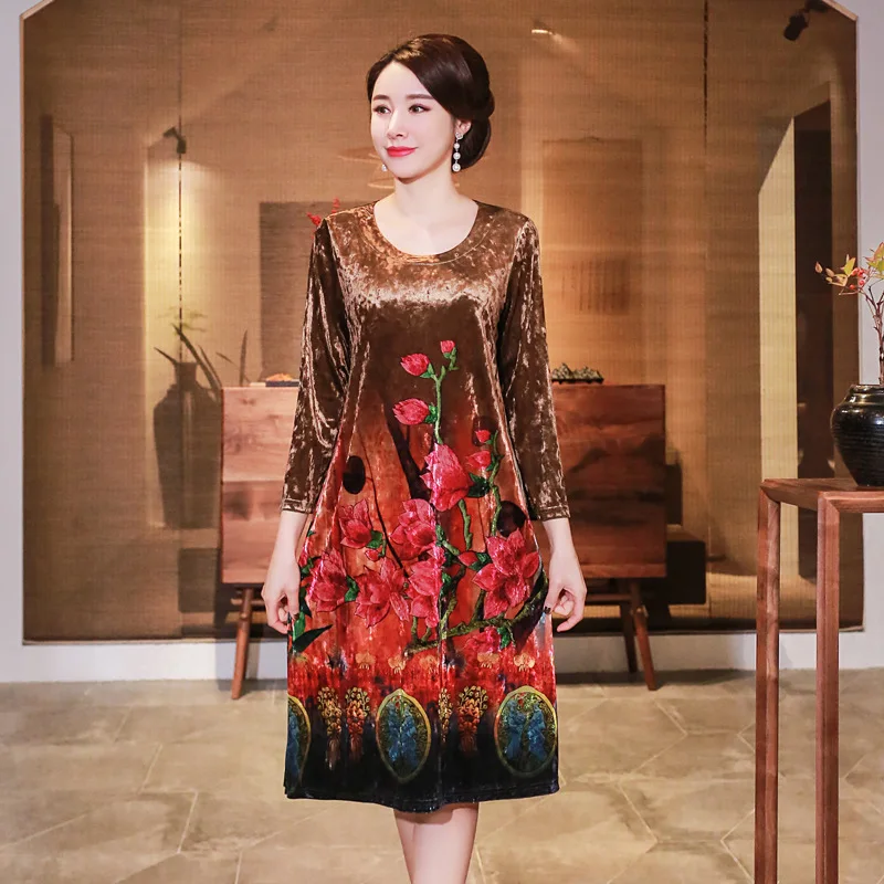 

Spring Clothing New Style Velvet Floral Printed Dress Middle-aged WOMEN'S Dress 2019 Middle-aged Women Dress Large Size Dress Lo