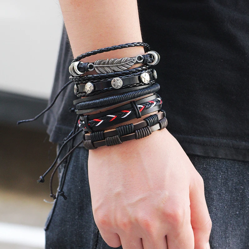 Vintage Leaf Feather Charm Leather Bracelet Set for Men Women Classic Multilayer Handmade Braided Rope Bracelets Bangles Jewelry