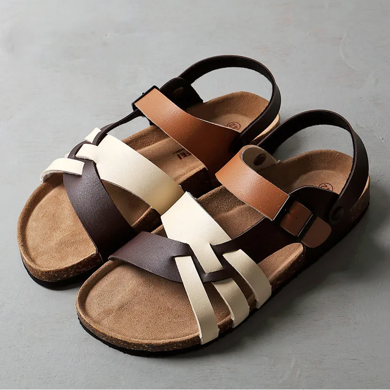 2020 New Men's Summer Flat Fashion Adjustable Men Slides Beach Flip-Flops Male Leather Black Cork Sandals Home Shoes 39-46 Black