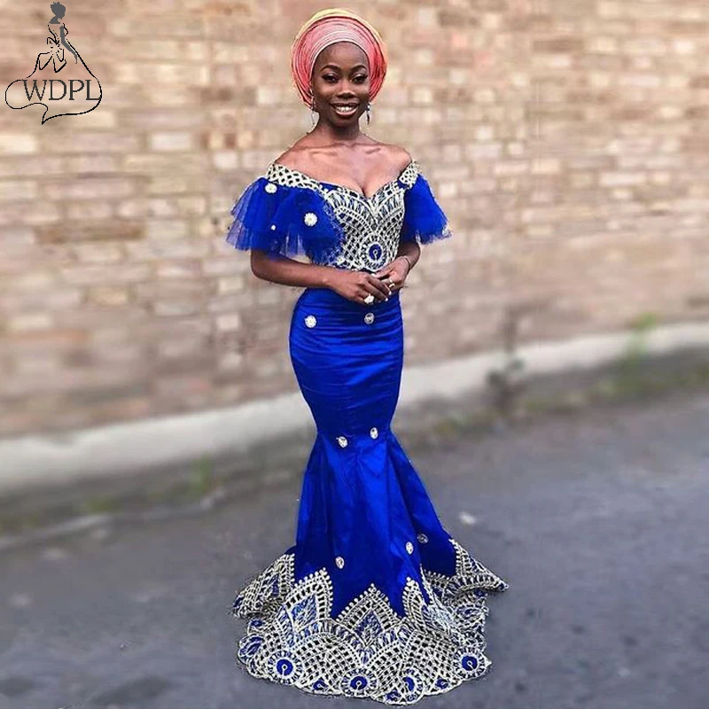 Aso Ebi платье с юбкой годе Королевского синего цвета вечернее 2019 открытым плечом
