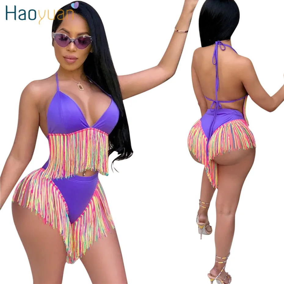HAOYUAN, сексуальный женский комплект из двух предметов,, пляжный топ с кисточками и открытой спиной+ шорты, летняя Клубная одежда, комплект из 2 предметов в стиле бохо