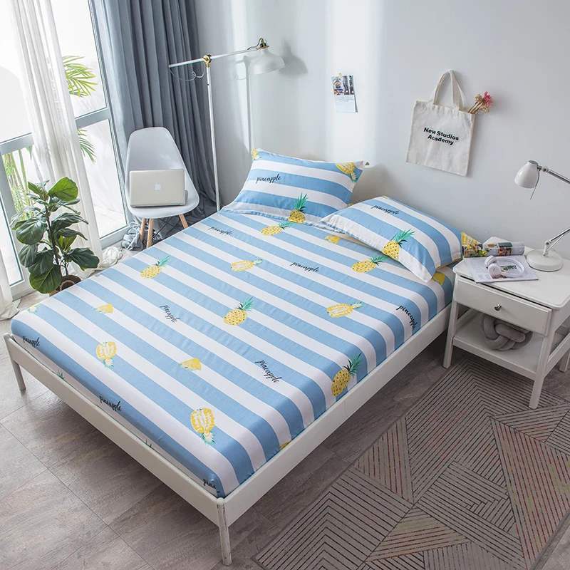 

3pcs 100% Cotton pineapple stripe Printed Solid Fitted Sheet Pillowcase Mattress Cover Four Corners With Elastic Band Bed Sheet